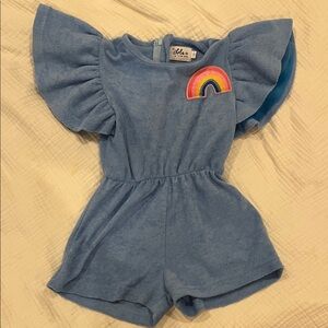 Lola + The Boys Blue Romper with Rainbow Patch